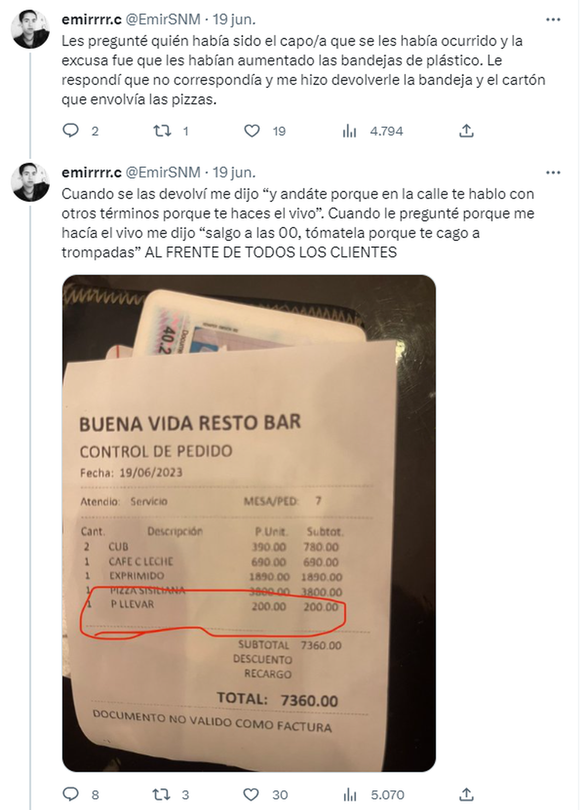 El joven armó un hilo contando lo que vivió en restaurante Buena Vida del Coliseo en Comodoro Rivadavia.