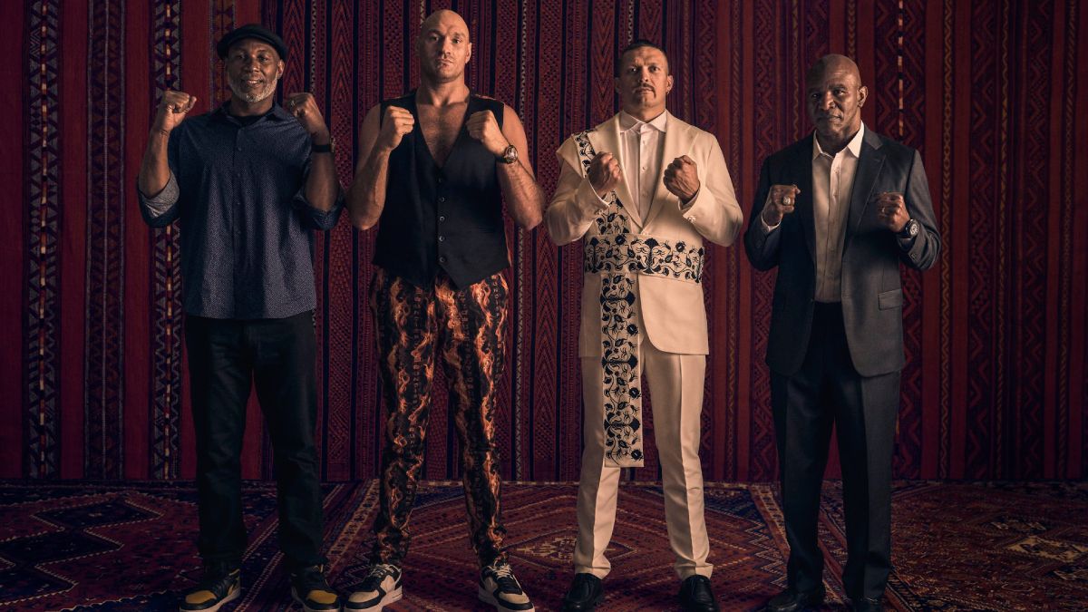 Foto promocional de la pelea de Tyson Fury y Oleksandr Usik (al centro) junto a las leyendas Lennox Lewis (izq.) y Evander Holyfield, a 25 años de su histórico duelo. Foto promocional de la pelea de Tyson Fury y Oleksandr Usik (al centro) junto a las leyendas Lennox Lewis (izq.) y Evander Holyfield, a 25 años de su histórico duelo.