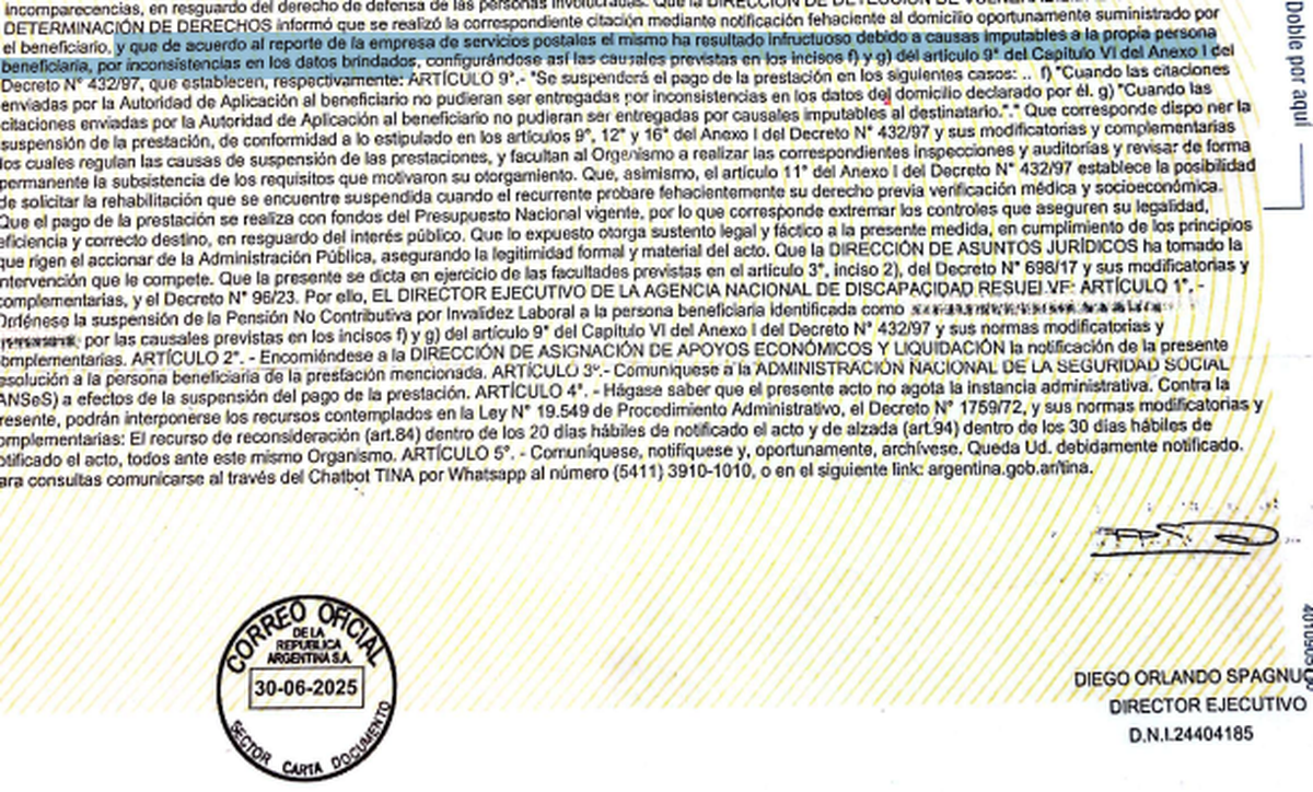 Diego Orlando Spagnuolo firmó la suspensión de esta y otras tantas pensiones no contributivas por invalidez laboral. Diego Orlando Spagnuolo firmó la suspensión de esta y otras tantas pensiones no contributivas por invalidez laboral.