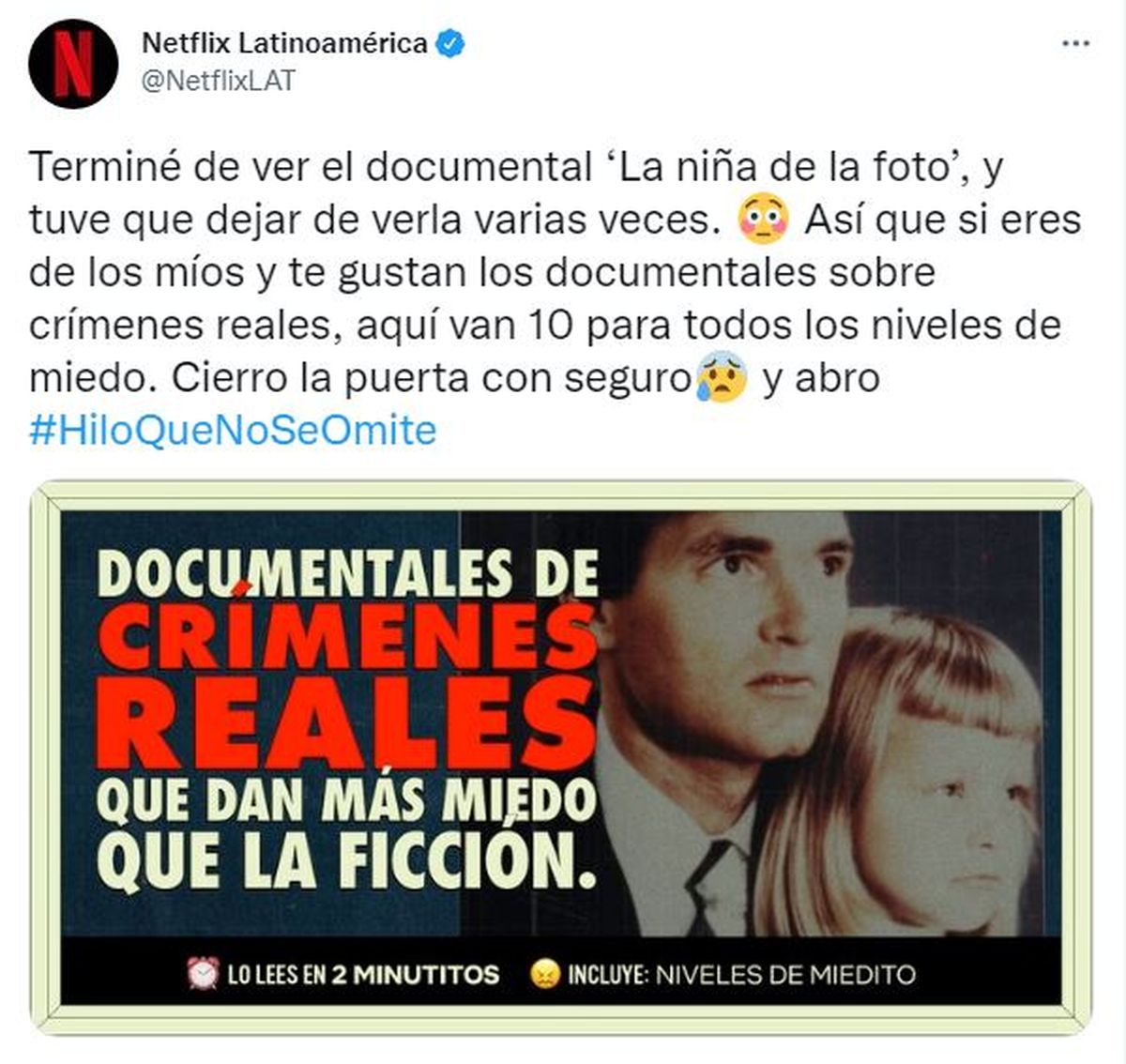 El posteo con el que Netflix Latinoamérica presentó su hilo de documentales sobre criménes.