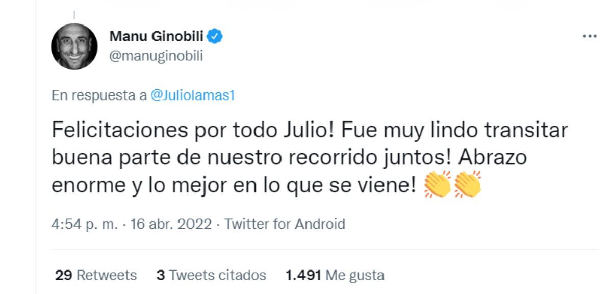 Manu Ginóbili saludó a Lamas tras el anuncio