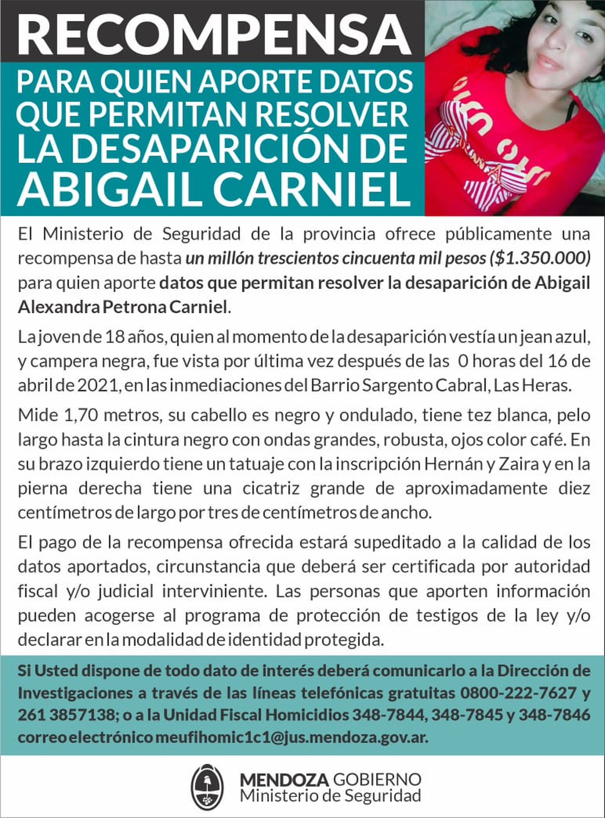 El Ministerio de Seguridad ofreció $1.350.000 para quien de datos que sirvan para encontrar a Abigail Carniel.