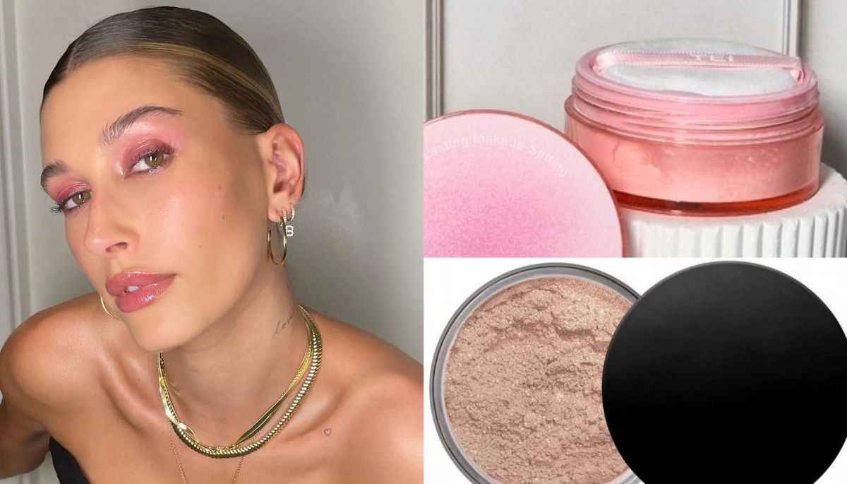 Si quieres lucir un maquillaje como Hailey Bieber, sin brillos inc&oacute;modos, puedes utilizar polvo volatil para fijar la base y el corrector.