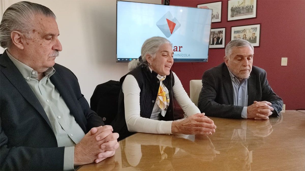Eduardo Sancho, presidente de la Asociación de Cooperativas Vitivinícolas de Mendoza (Acovi); Beatriz Barbera, presidenta de la Asociación de Empresarios Hoteleros y Gastronómicos de Mendoza (AEHGA); y José Zuccardi, presidente de la COVIAR.