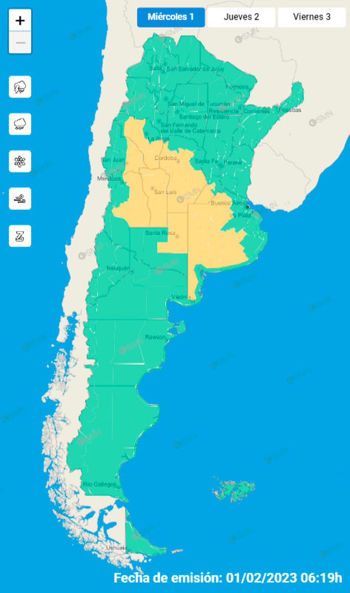 Mapa del Servicio Meteorológico Nacional con las alerta amarilla para algunas provincias de Argentina.