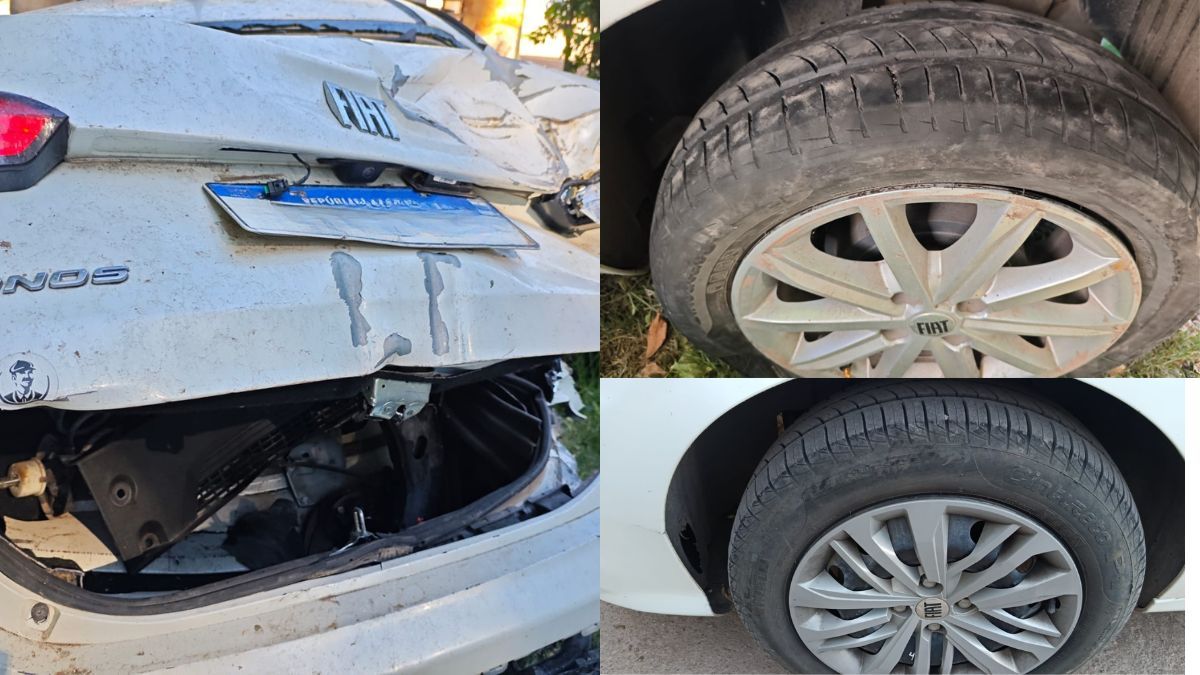 El auto chocado y las ruedas que fueron utilizadas para cubrir una urgencia de la GUM de Las Heras. 