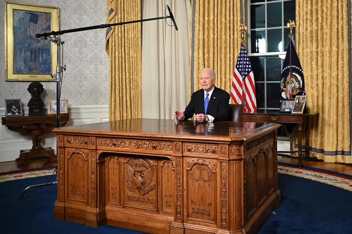 El presidente de Estados Unidos, Joe Biden, durante su discurso de despedida a la nación desde el Despacho Oval de la Casa Blanca en Washington. Crédito: EFE/EPA/Mandel Ngan. El presidente de Estados Unidos, Joe Biden, durante su discurso de despedida a la nación desde el Despacho Oval de la Casa Blanca en Washington. Crédito: EFE/EPA/Mandel Ngan.
