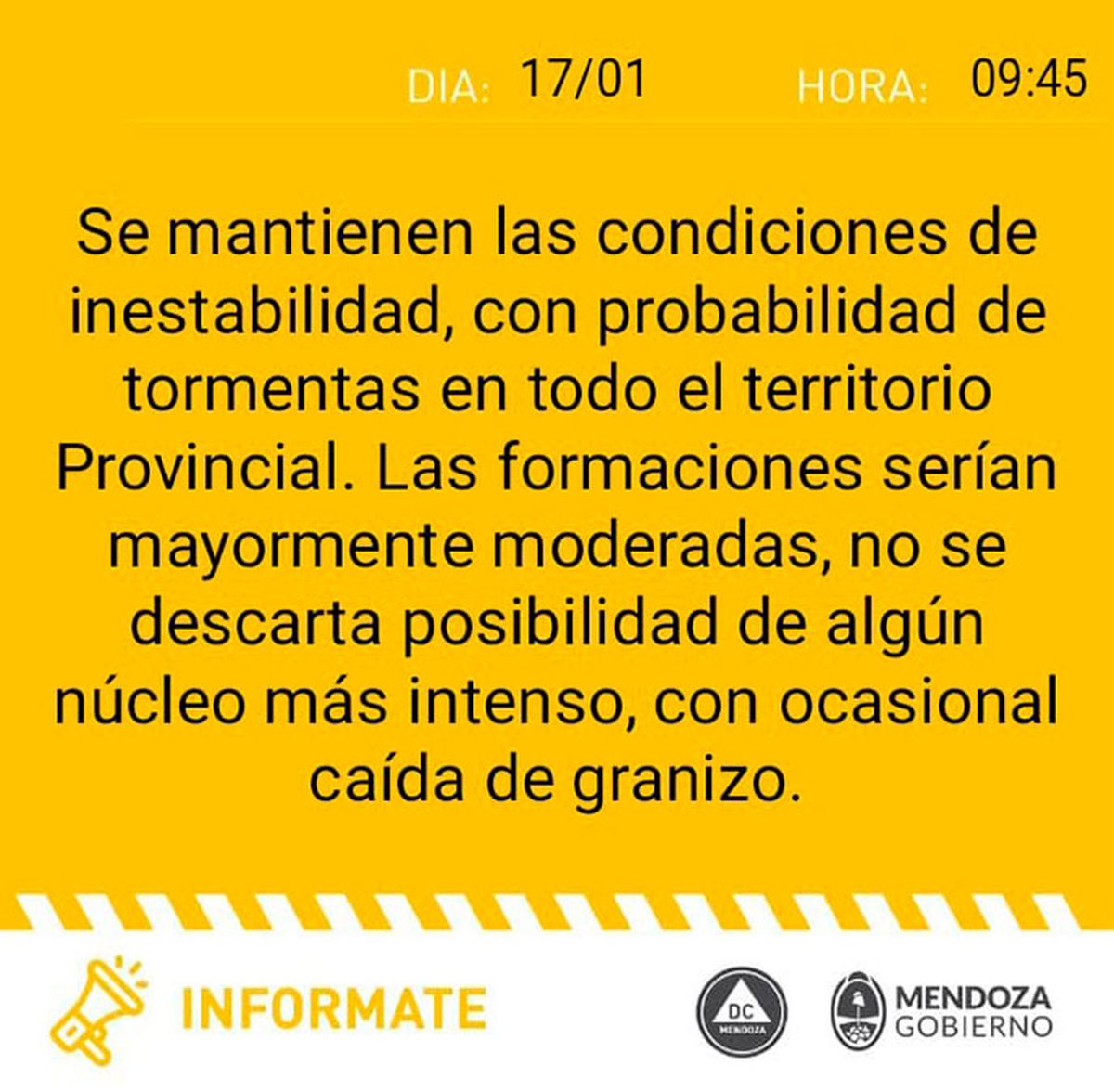 Defensa Civil emitió este martes por la mañana una nueva alerta amarilla para Mendoza.