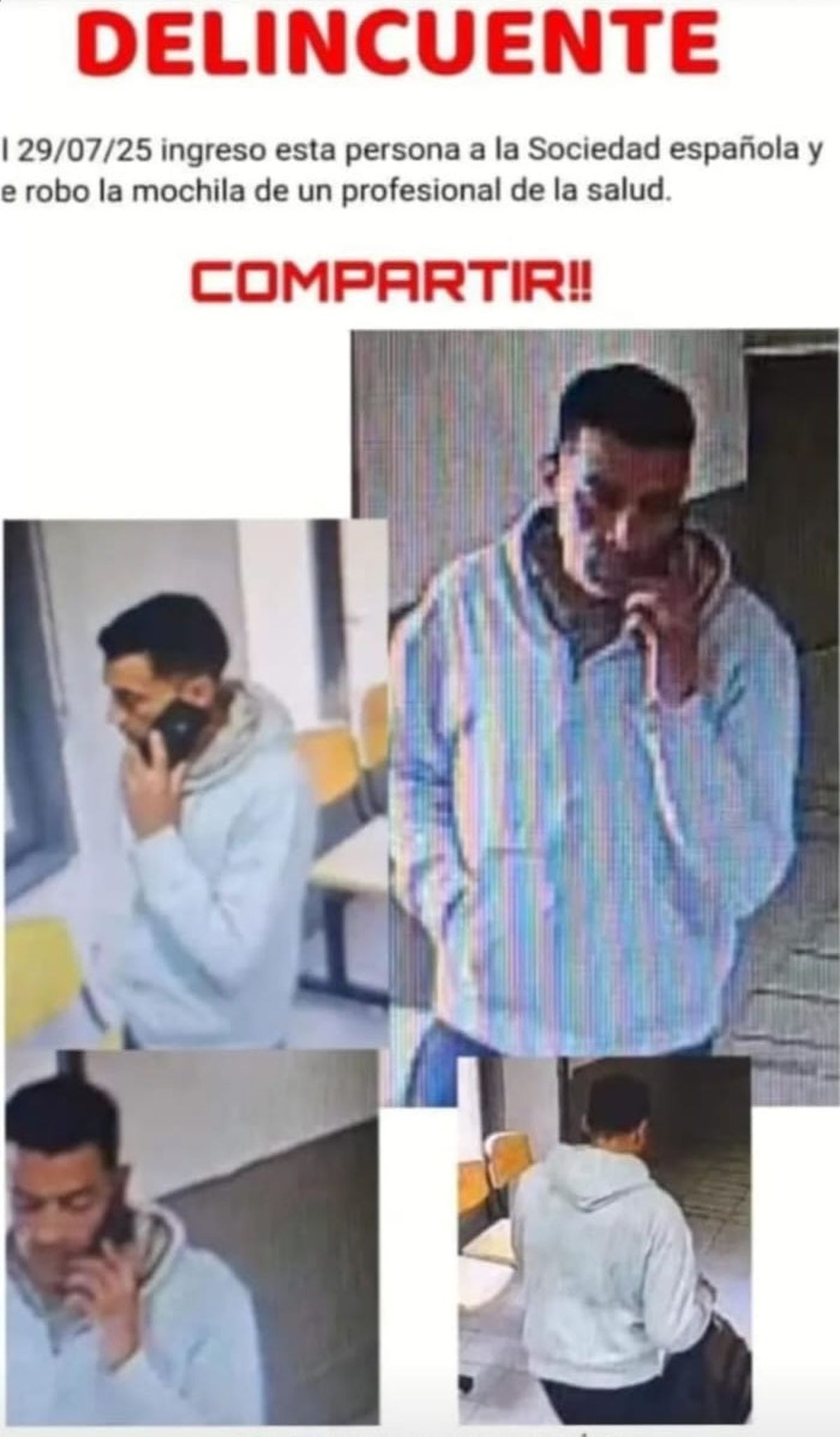 En julio pasado el mismo delincuente fue denunciado por robarle la mochila a un médico en la Sociedad Española, de Ciudad.