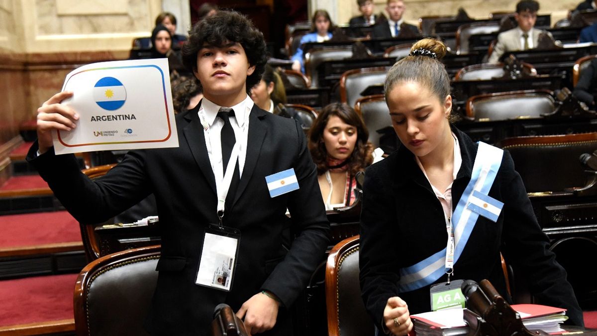 Los alumnos que simularon en Diputados la delegación de Argentina ante la ONU.