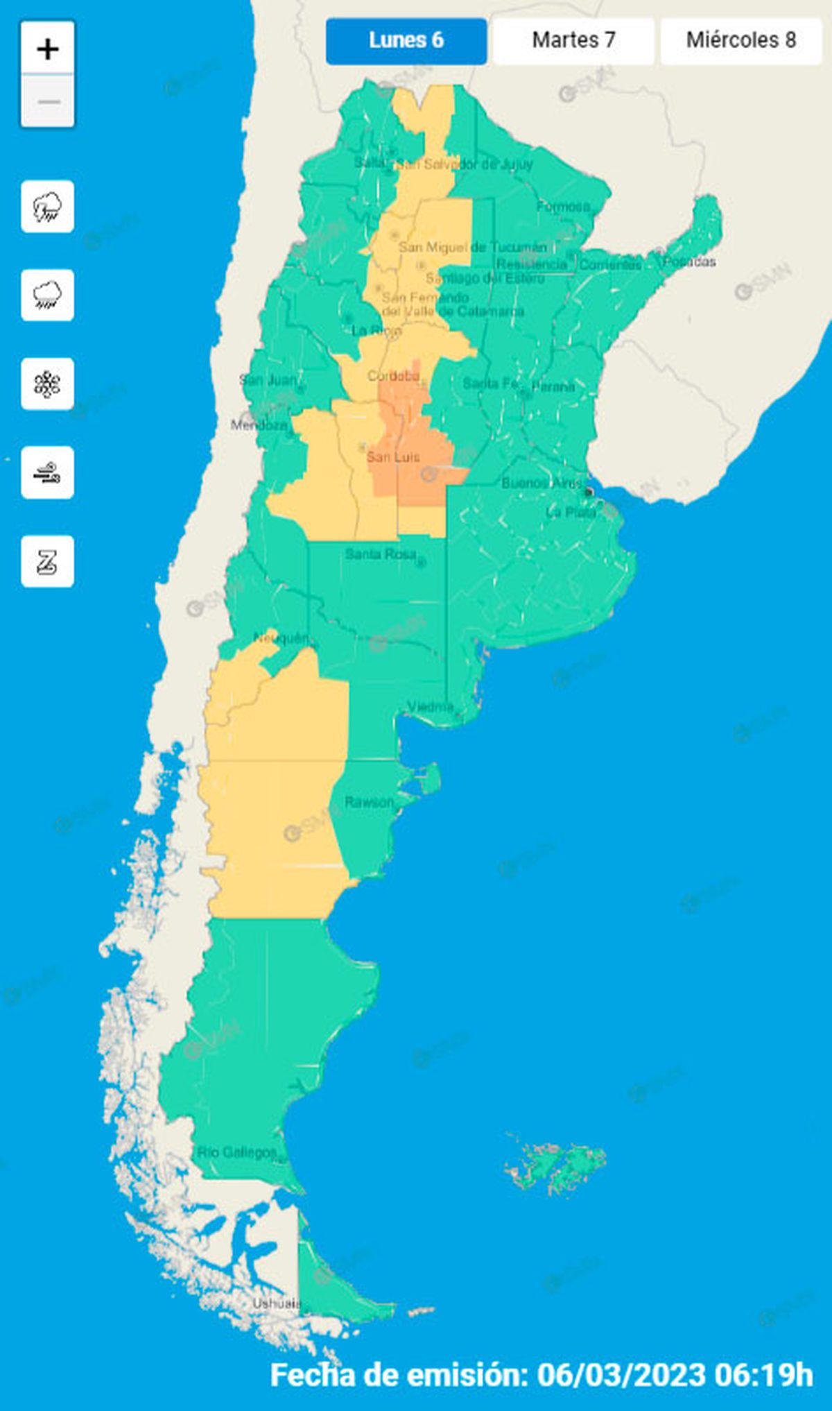 Mapa del Servicio Meteorológico Nacional emitió una alerta amarilla para el Sur de Mendoza.
