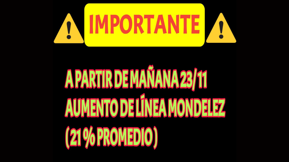 Mondelez este miércoles envió a los comerciantes un anunció donde informan un aumento del 21% desde el jueves, detalló Suárez. Mondelez este miércoles envió a los comerciantes un anunció donde informan un aumento del 21% desde el jueves, detalló Suárez.