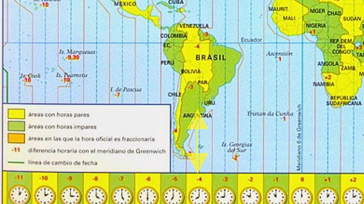 Como muestra la flecha amarilla sobre el mapa, el huso horario para Argentina es en -4, el -3 está ubicado, a la altura de nuestro país, en el océano Atlántico. Como muestra la flecha amarilla sobre el mapa, el huso horario para Argentina es en -4, el -3 está ubicado, a la altura de nuestro país, en el océano Atlántico.