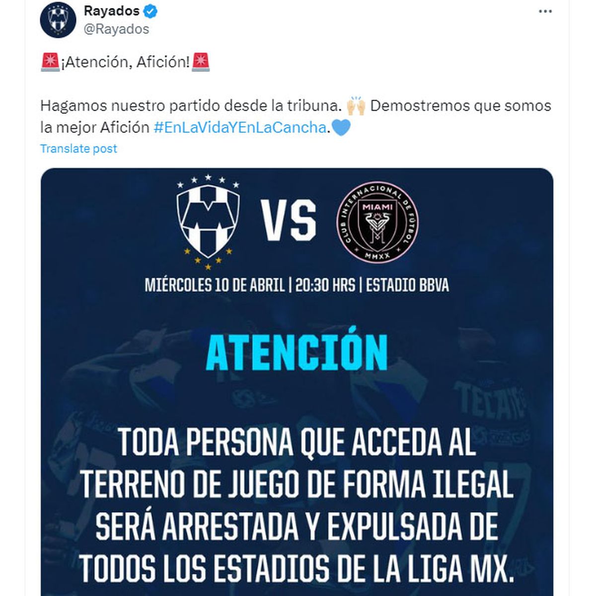 El aviso de Rayados en su red social X.