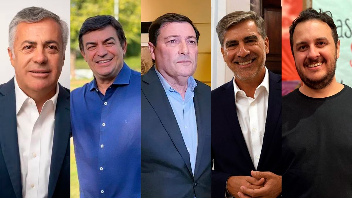 Los cinco candidatos a gobernador de Mendoza: Alfredo Cornejo, Omar De Marchi, Omar Parisi, Mario Vadillo y Lautaro Jiménez.