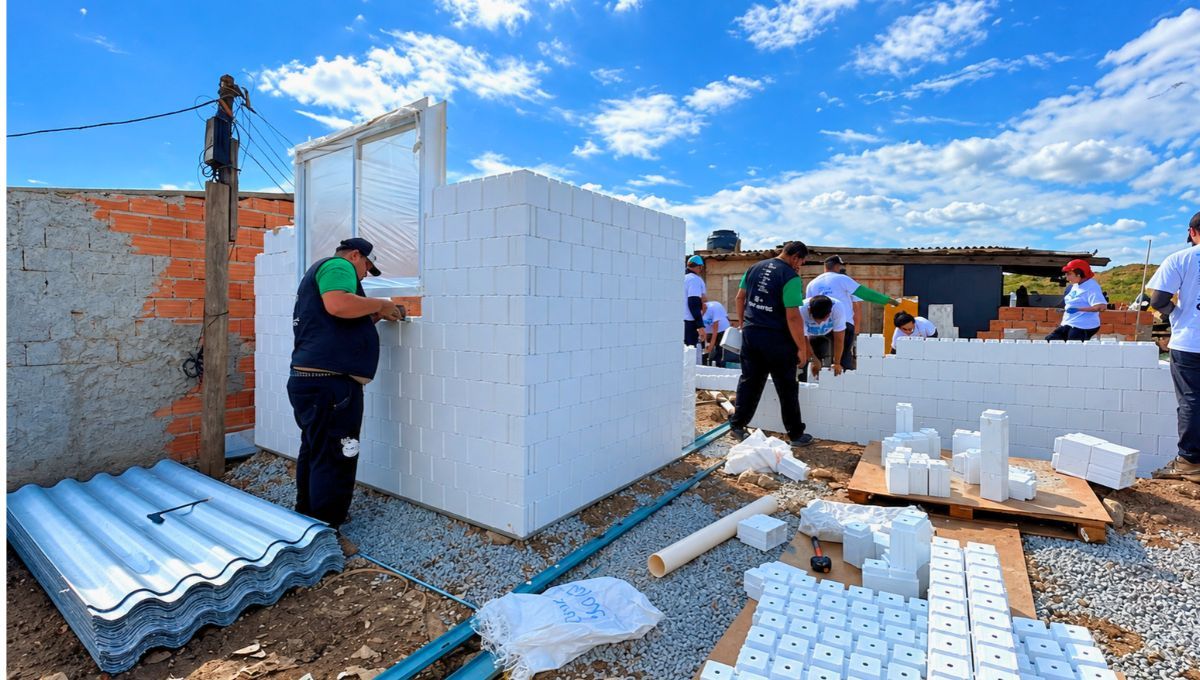 Para fabricar los paneles de las paredes se utilizaron aproximadamente dos toneladas de residuos plásticos procesados. Para fabricar los paneles de las paredes se utilizaron aproximadamente dos toneladas de residuos plásticos procesados.