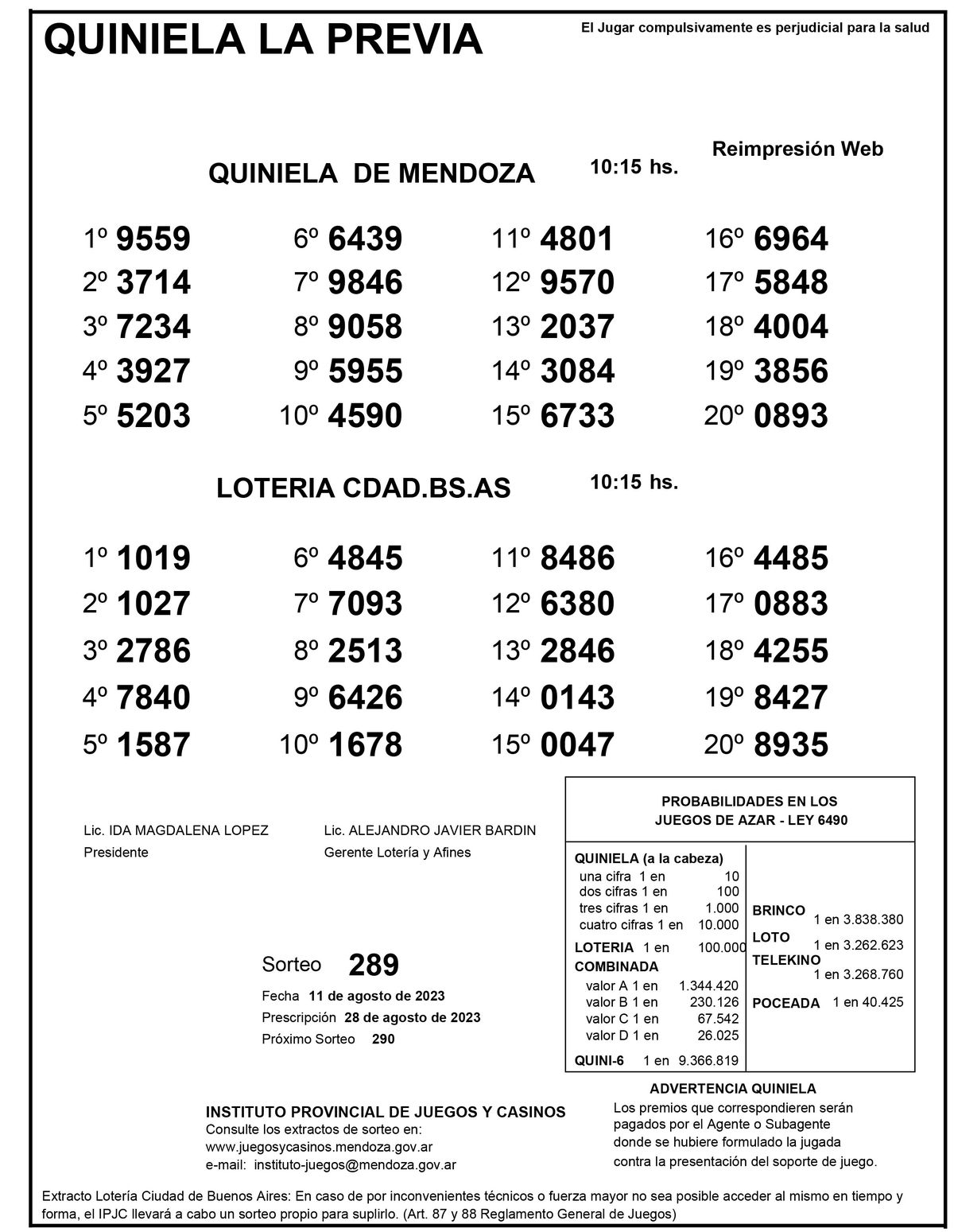 Extracto de la Quiniela de Mendoza en su edición La Previa del viernes 11 de agosto. Extracto de la Quiniela de Mendoza en su edición La Previa del viernes 11 de agosto.