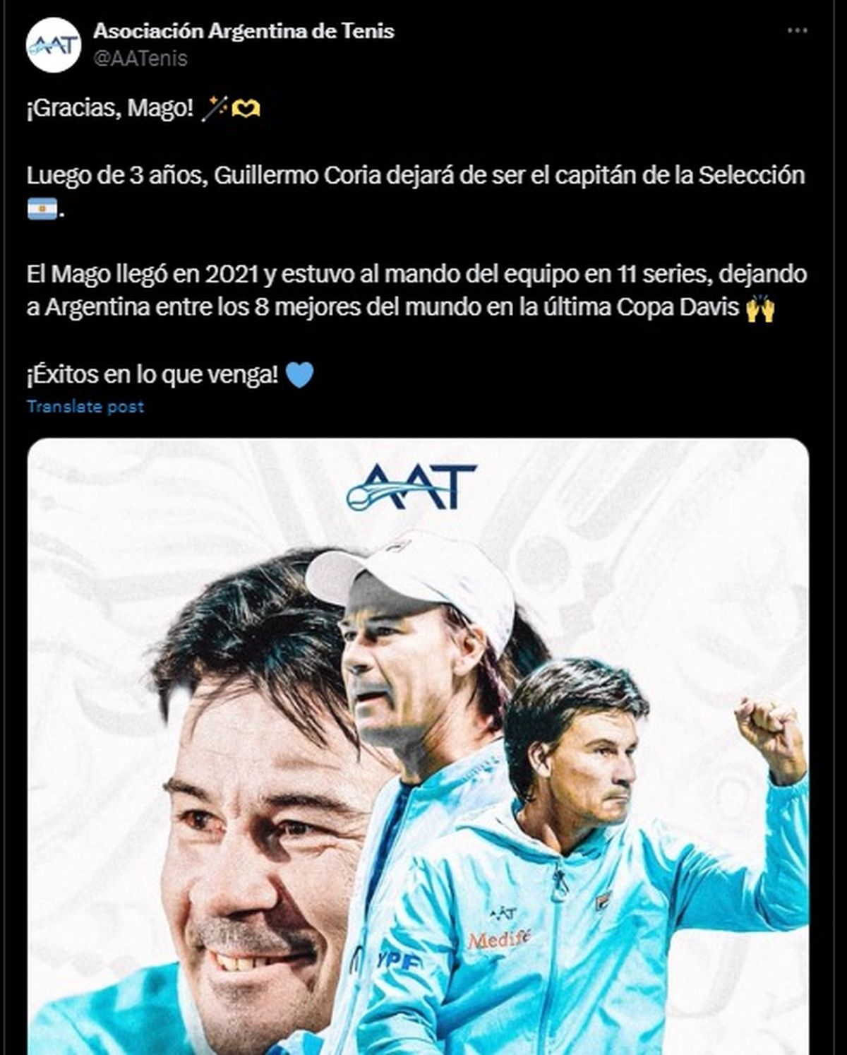 La despedida de la Asociación Argentina de Tenis para Guillermo Coria, agradeciéndole por su paso por la Selección. 