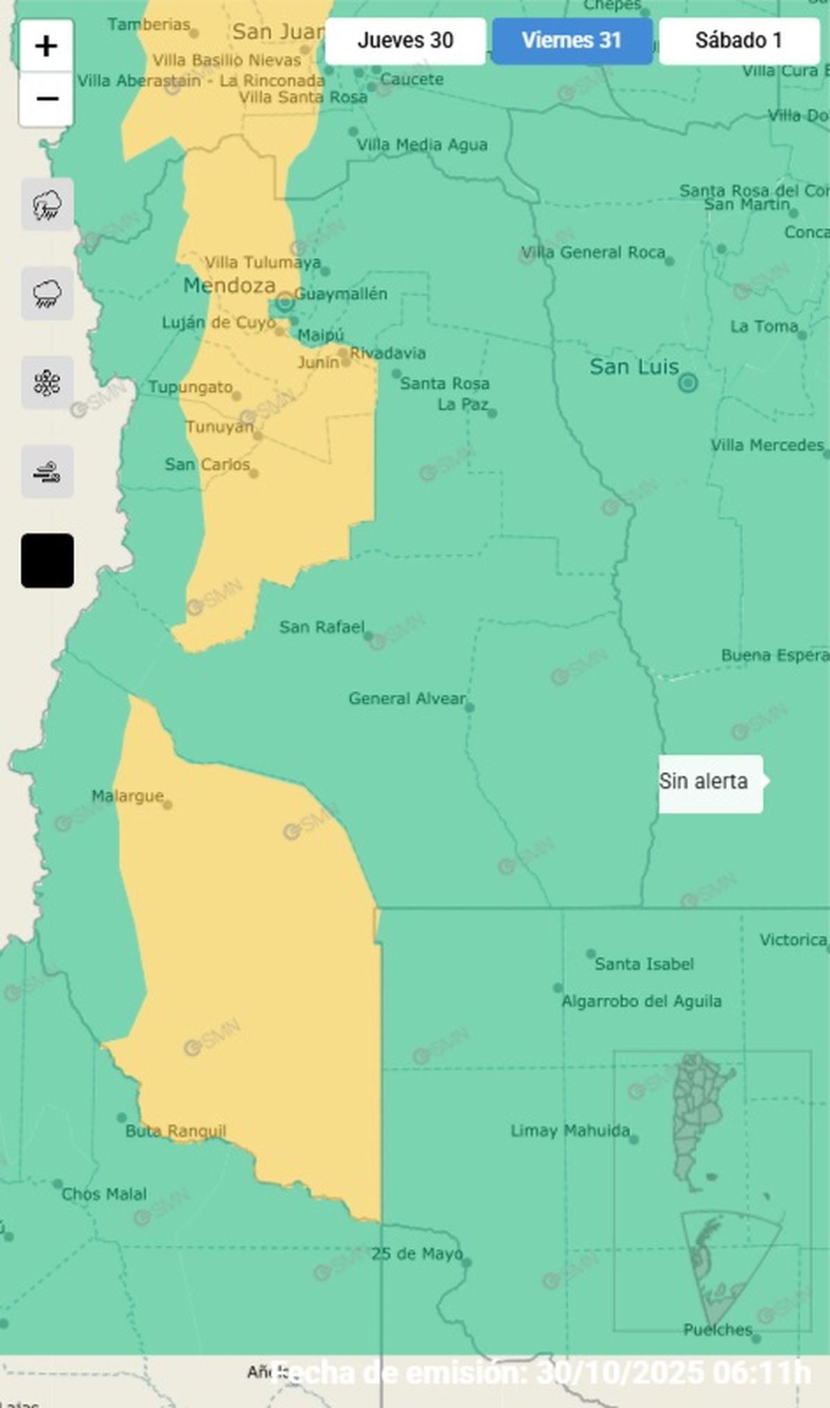 Estas son las zonas afectadas este viernes por viento Zonda.