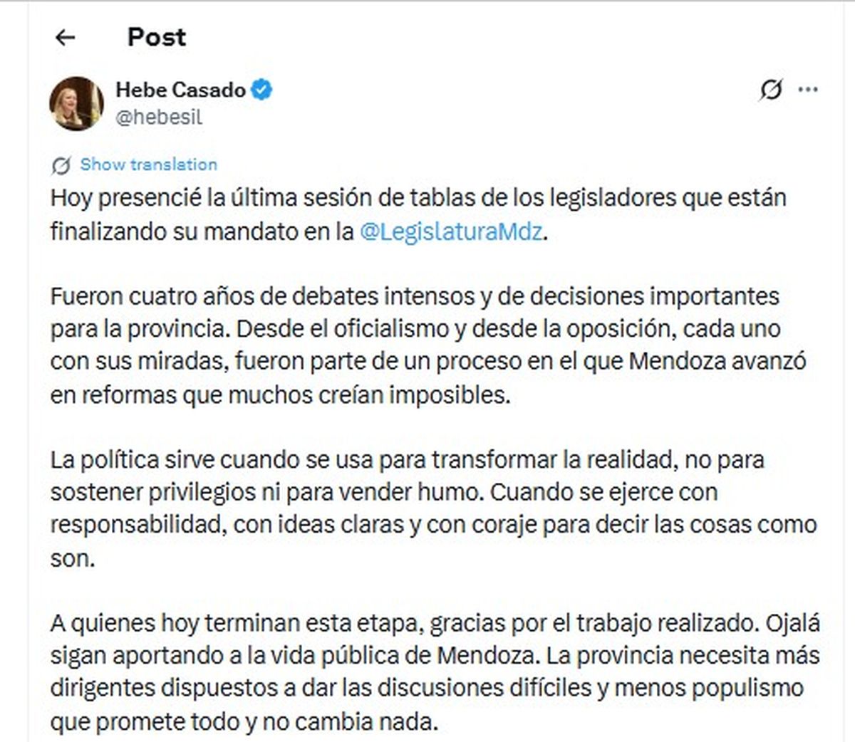 El posteo de despedida a los legisladores salientes que Hebe Casado publicó el X. El posteo de despedida a los legisladores salientes que Hebe Casado publicó el X.