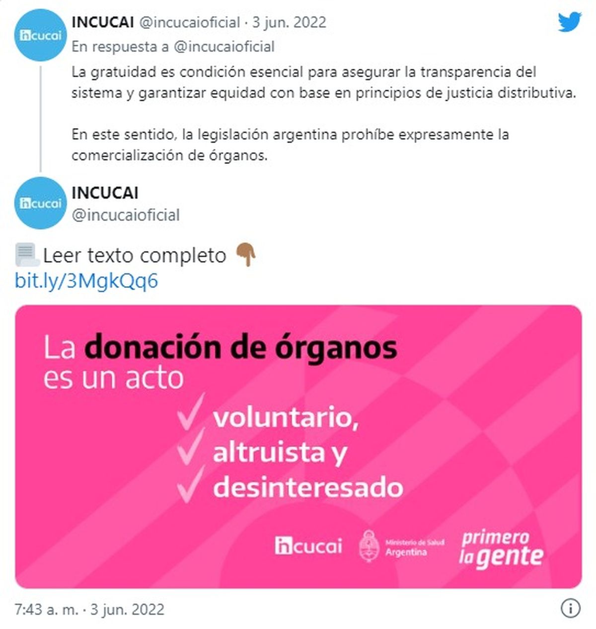 El posteo del INCUCAI.