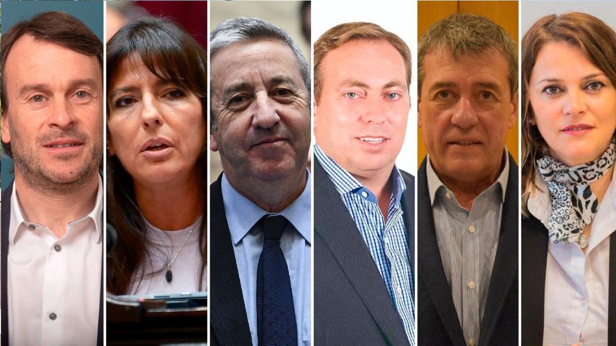 De izquierda a derecha: Lisandro Nieri (UCR), Pamela Verasay (UCR), Julio Cobos (UCR), Martín Aveiro (PJ), Adolfo Bermejo (PJ) y Liliana Paponet (PJ). Los cuatro de LLA buscarán bajarle el pulgar a los proyectos.&nbsp;