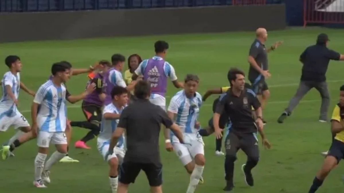 Diego Placente y algunos colaboradores de la Selección argentina Sub 15 no pueden separar ni frenar la batalla campal entre sus dirigidos y sus pares ecuatorianos.