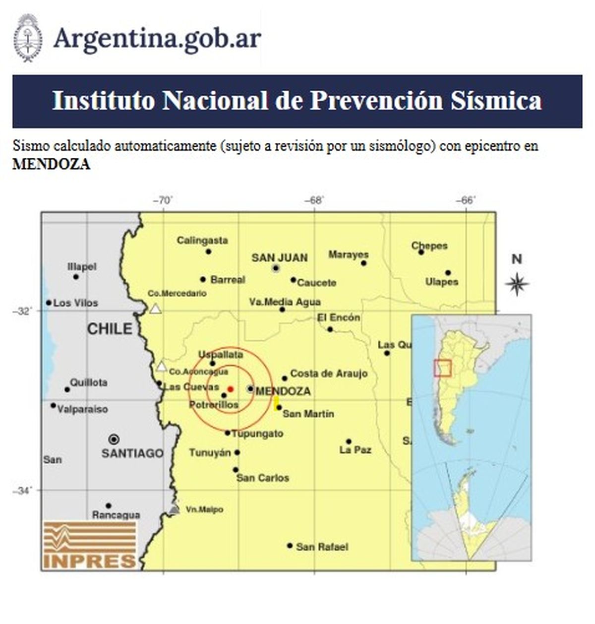 El Instituto Nacional de Prevención Sísmica (INPRES) mostró en su página el lugar exacto donde se produjo el temblor