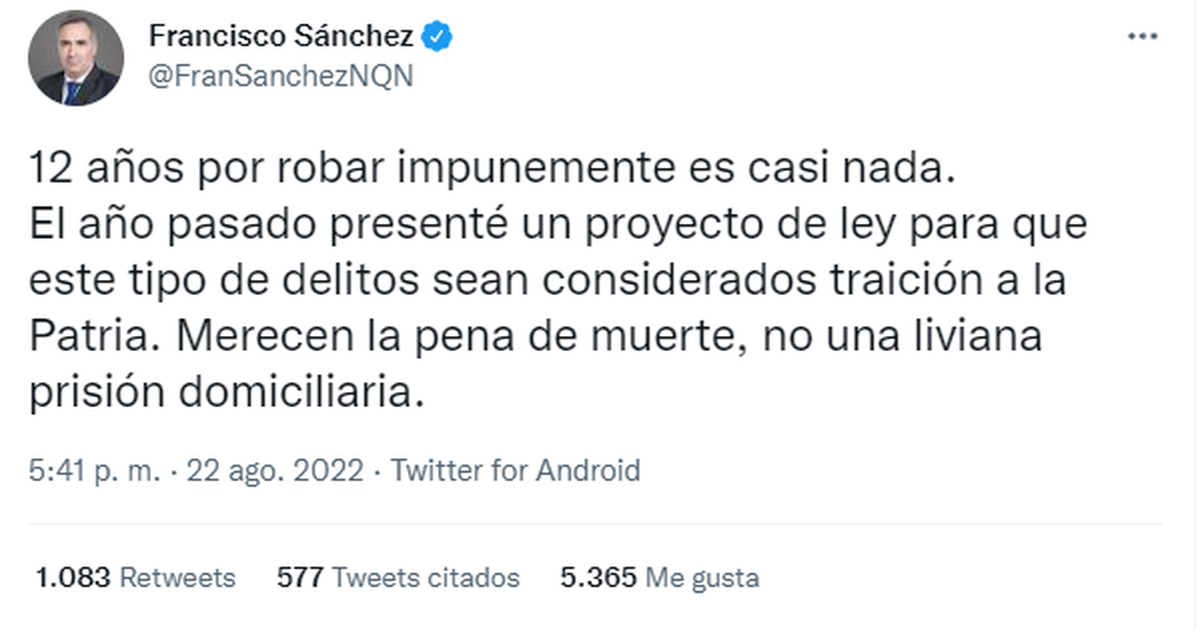 El tuit del diputado del PRO Francisco Sánchez en el que dice que el delito al que se la acusa a CFK merece la "pena de muerte" en la causa Vialidad.