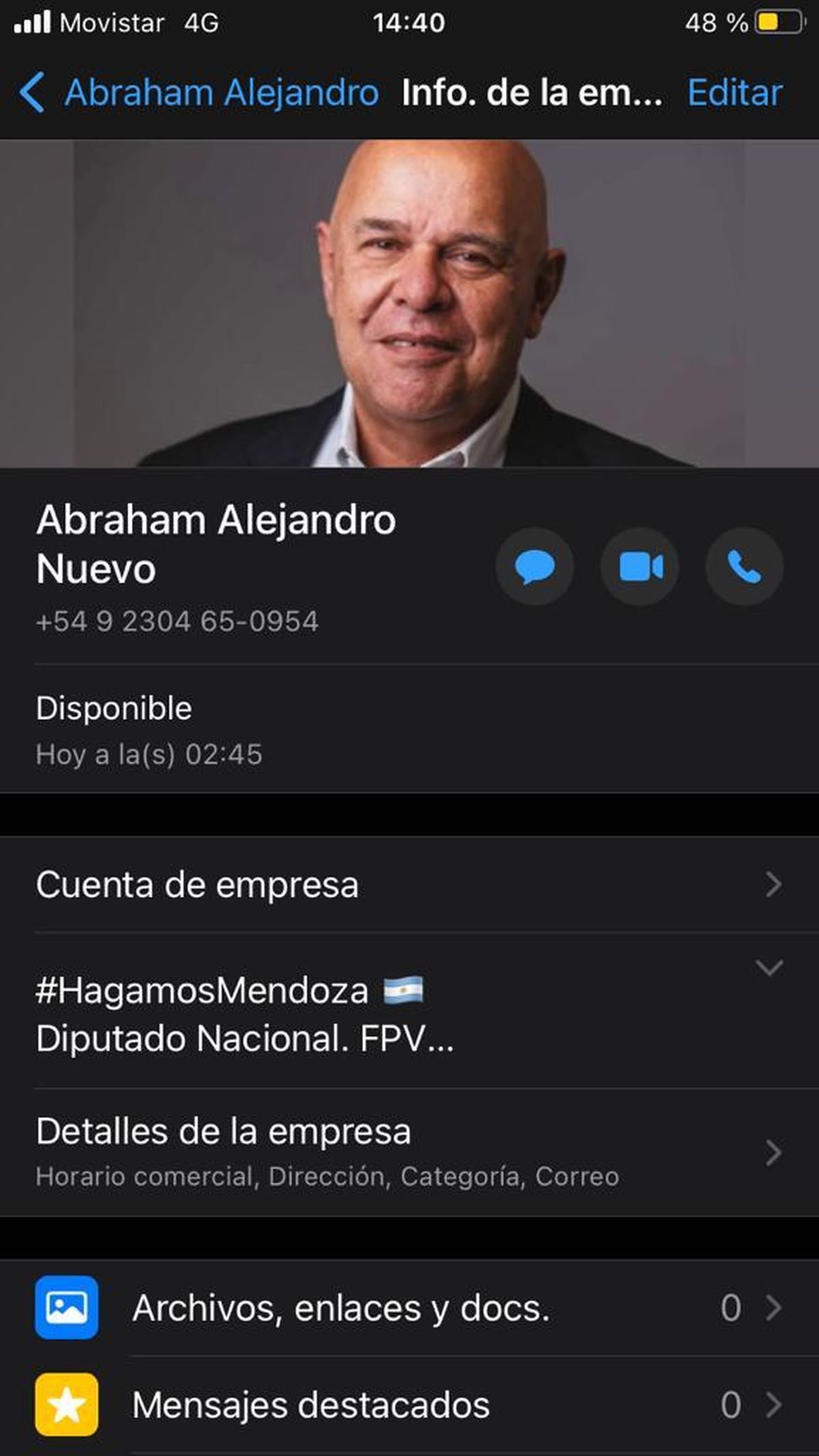 Así figura el perfil falso de Whatsapp del senador provincial