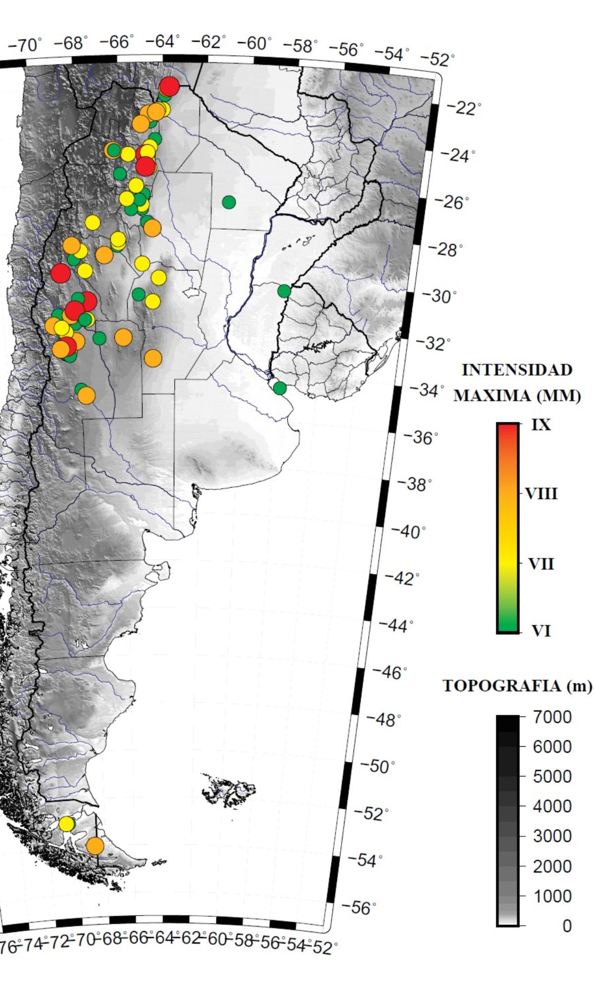 Mapa histórico con los terremotos más violentos de Argentina.