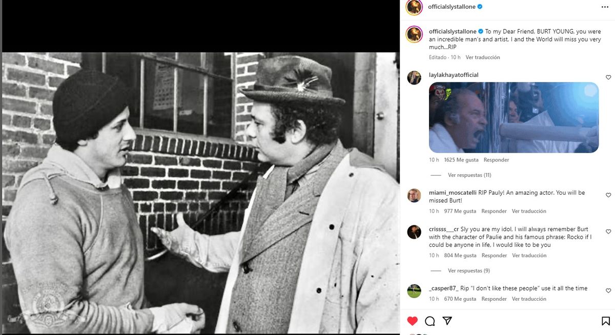 El posteo en redes de Sylvester Stallone sobre la muerte de Burt Young. El posteo en redes de Sylvester Stallone sobre la muerte de Burt Young.