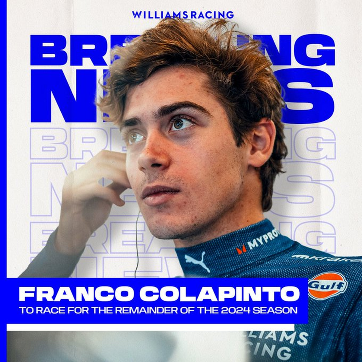 El anuncio que comunica que Franco Colapinto correrá en Fórmula 1. El anuncio que comunica que Franco Colapinto correrá en Fórmula 1.