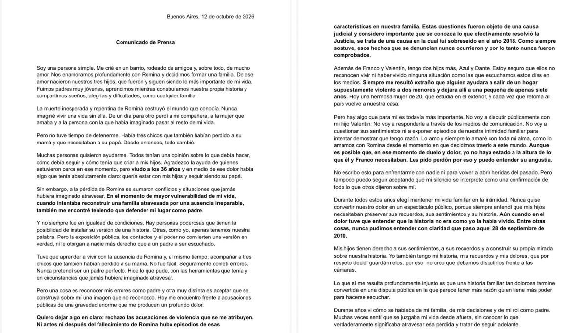El comunicado de Darío Giordano en respuesta a las declaraciones de sus hijos. El comunicado de Darío Giordano en respuesta a las declaraciones de sus hijos.