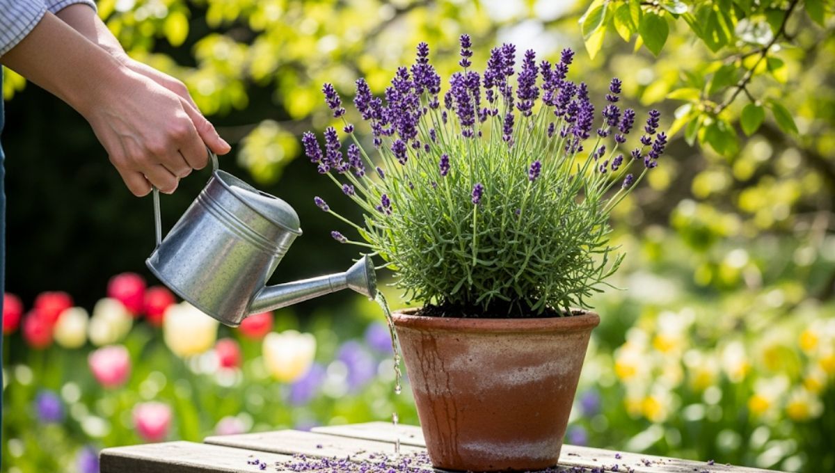 El riego de la planta de lavanda es fundamental para mantenerla saludable.