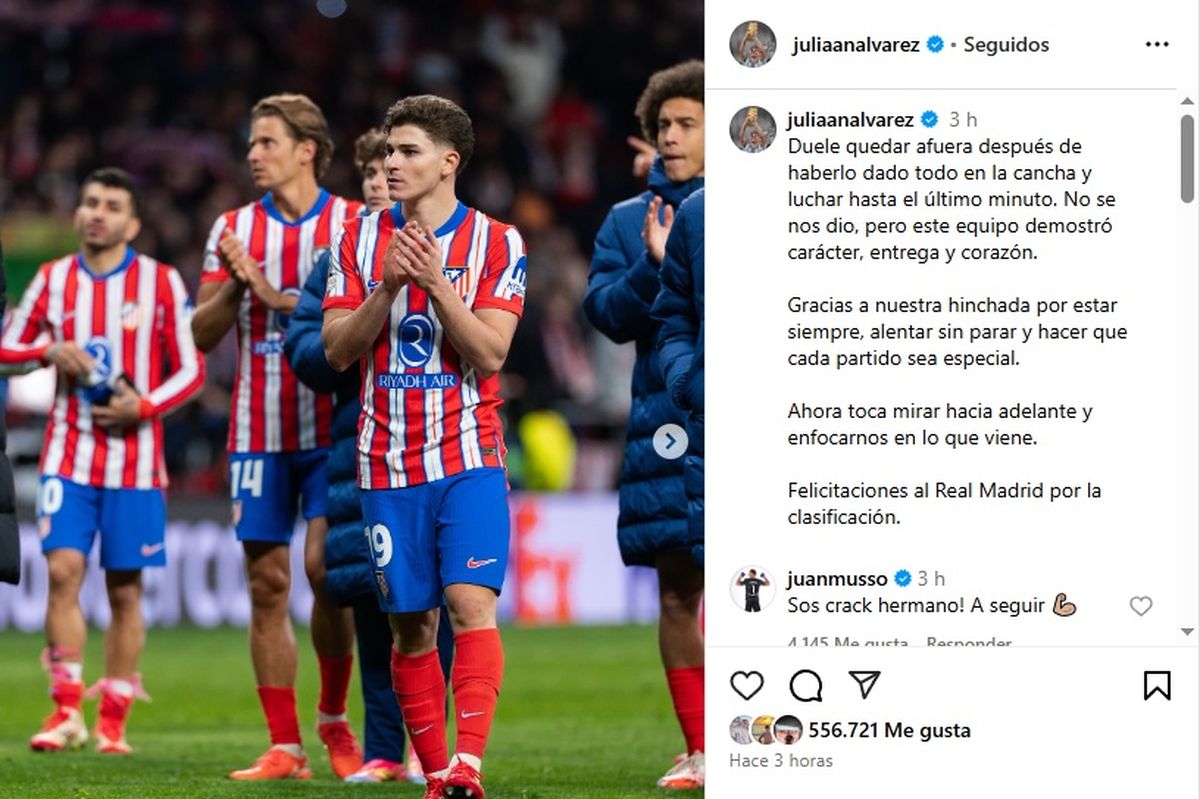 El posteo de Julián Álvarez tras la eliminación del Atlético Madrid de la Champions League. El posteo de Julián Álvarez tras la eliminación del Atlético Madrid de la Champions League.