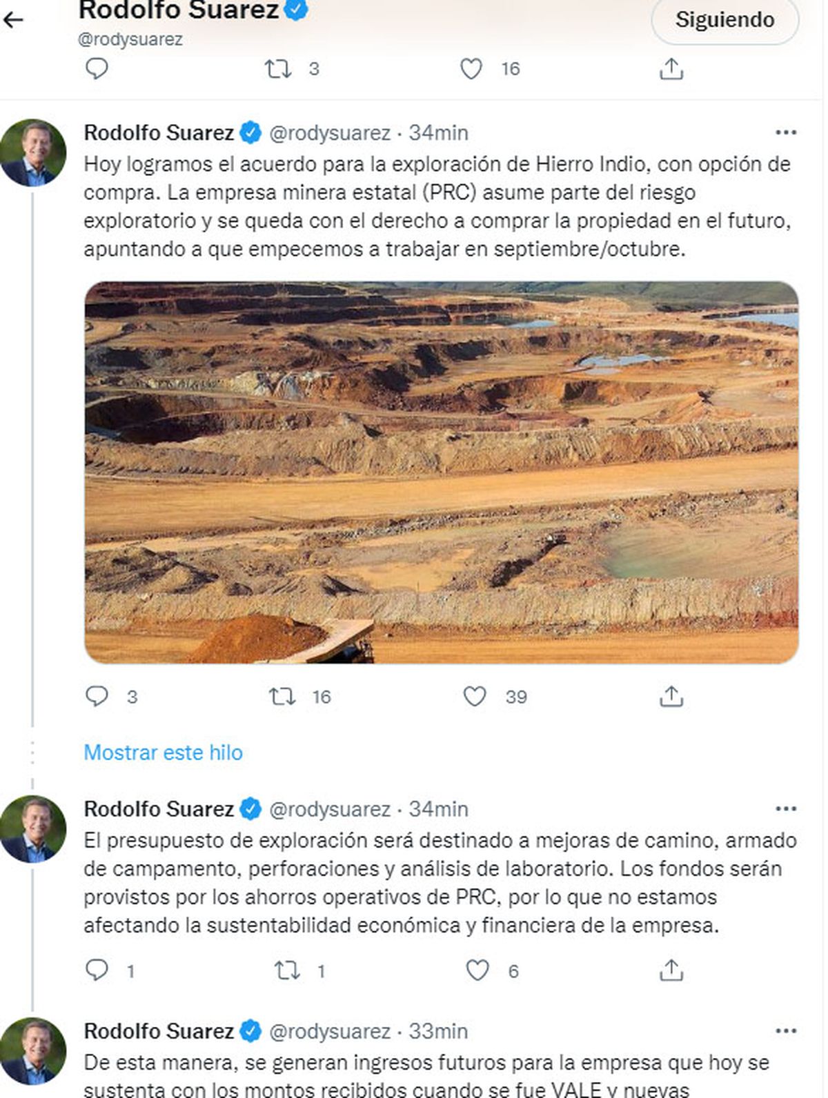 Así anunciaba Rodolfo Suarez una nueva etapa en Hierro Indio.