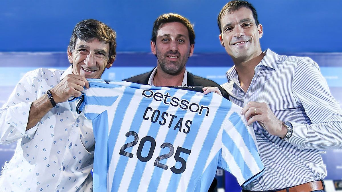 Gustavo Costas seguirá como entrenador de Racing en el 2025. En la foto está con Diego Milito y Sebastián Saja.