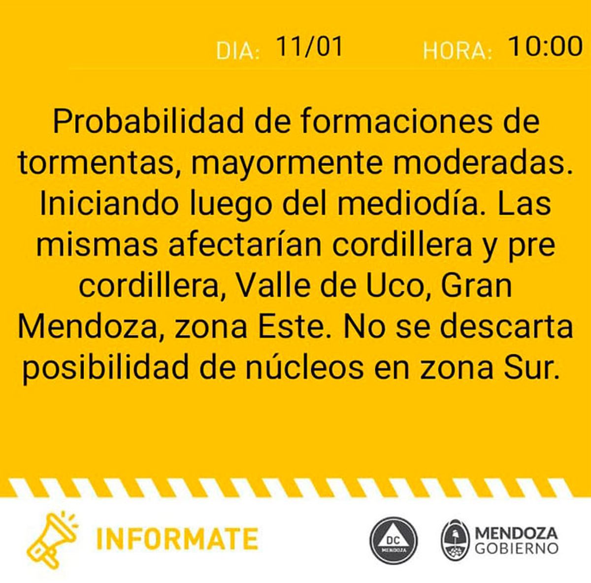 Defensa Civil emitió este miércoles una nueva alerta amarilla para la provincia de Mendoza.
