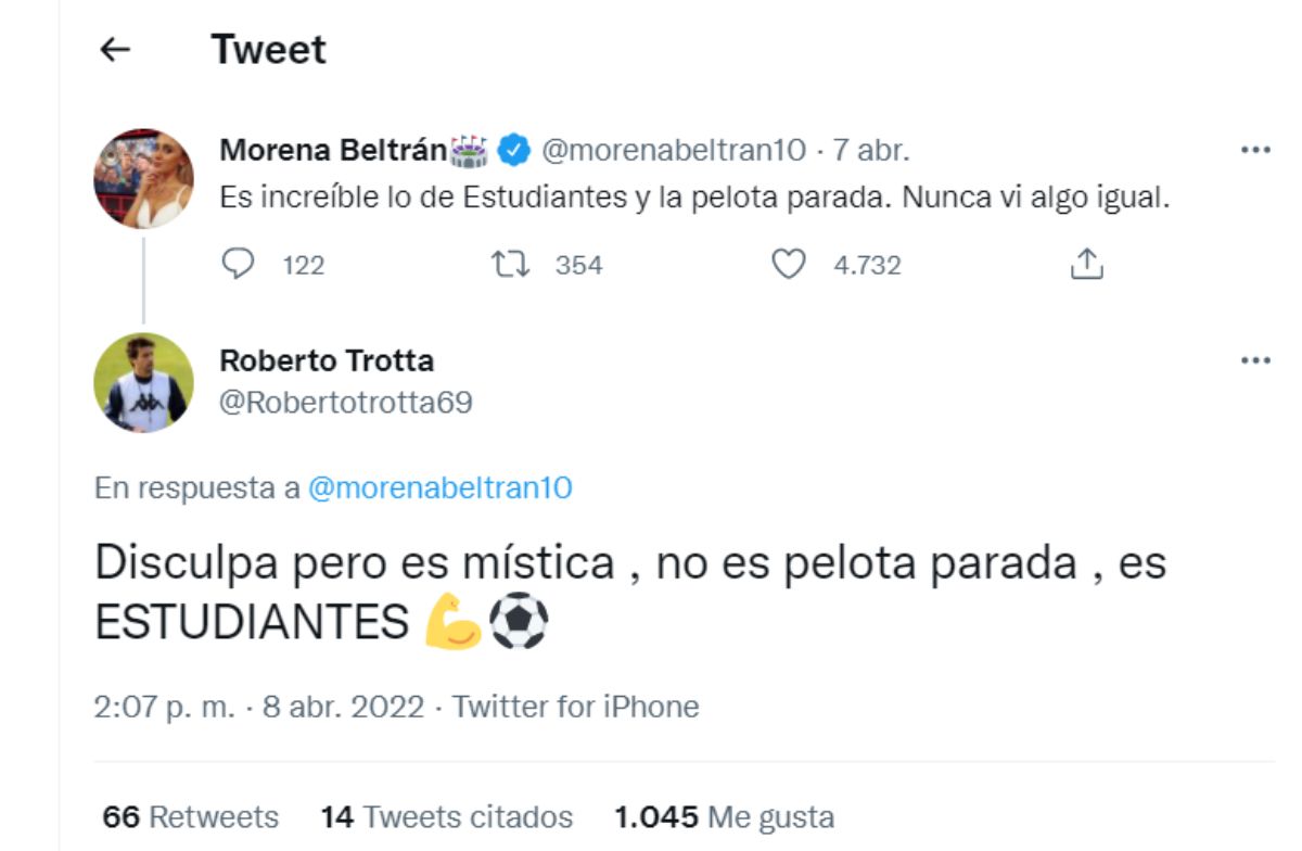 El cruce de Roberto Trotta a Morena Beltrán, por Estudiantes, en Twiter