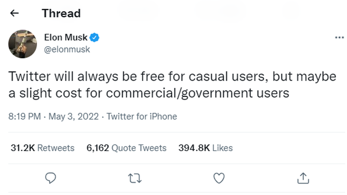 El tuit de Elon Musk donde propone cobrar una pequeña tarifa a algunos usuarios.