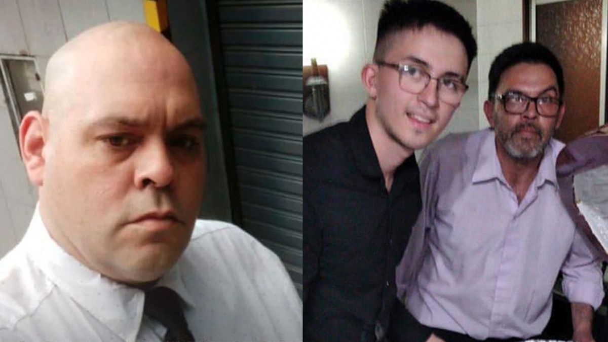 Diego Molina, el pelado personaje que se fotografió primero junto al cuerpo de Maradona instalado en el cajón. Al lado, los Fernández, hijo y padre.