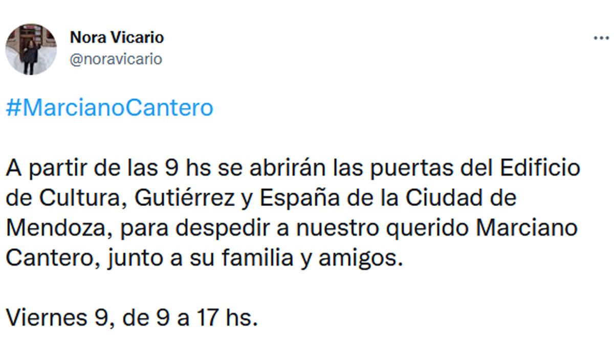 La ministra de Cultura, Nora Vicario, informó el horario del velorio de Marciano Cantero.