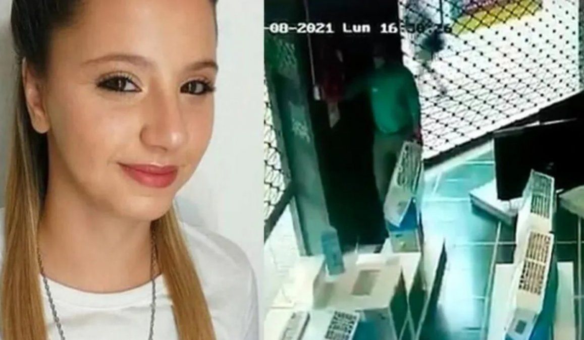 Úrsula Bahillo fue captada por una cámara de seguridad de un local comercial de Rojas, pocas antes de ser asesinada por su ex novio, el policía Matías Martínez