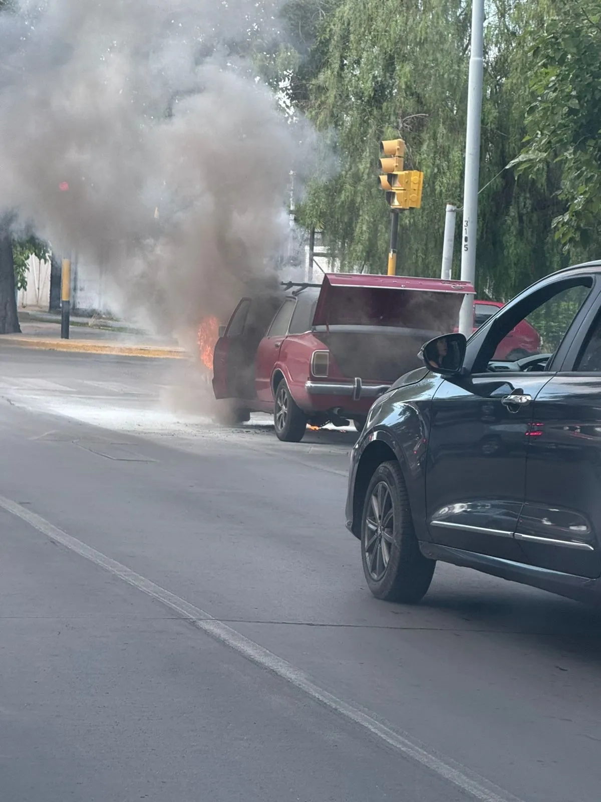 Las llamas en plena Ciudad de Mendoza. Foto: Mat&iacute;as Pascualetti
