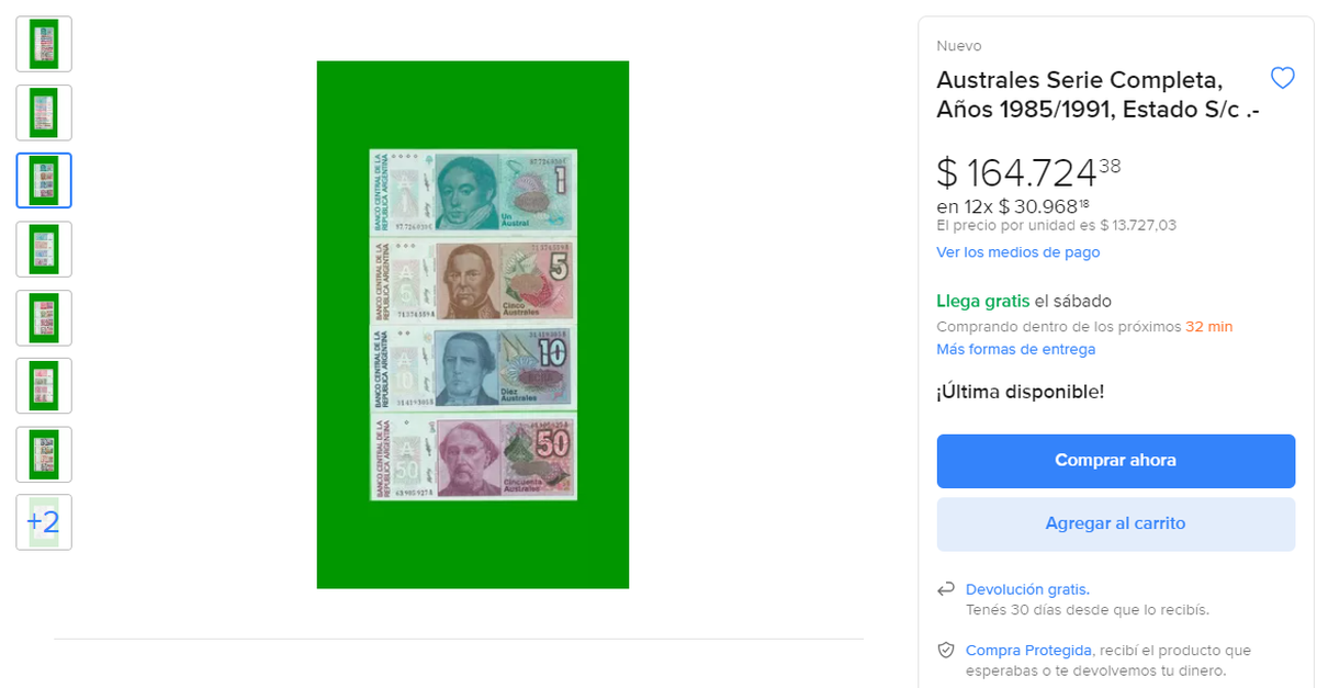 En Mercado Libre pagan hasta $164.724 por la serie completa de billetes australes. En Mercado Libre pagan hasta $164.724 por la serie completa de billetes australes.