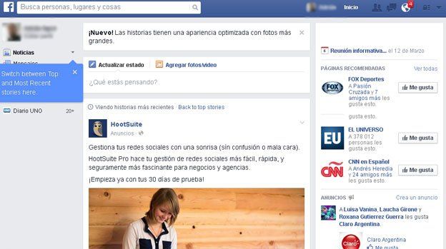 Facebook cambió el diseño de su página de inicio