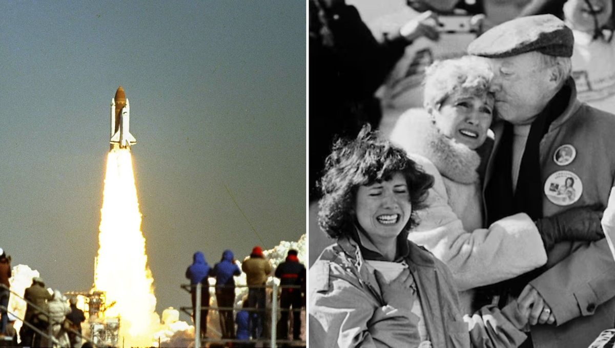 El momento en que los padres de Christa, Grace y Ed Corrigan, y su hermana Betsy, ven la explosión del Challenger. El momento en que los padres de Christa, Grace y Ed Corrigan, y su hermana Betsy, ven la explosión del Challenger.
