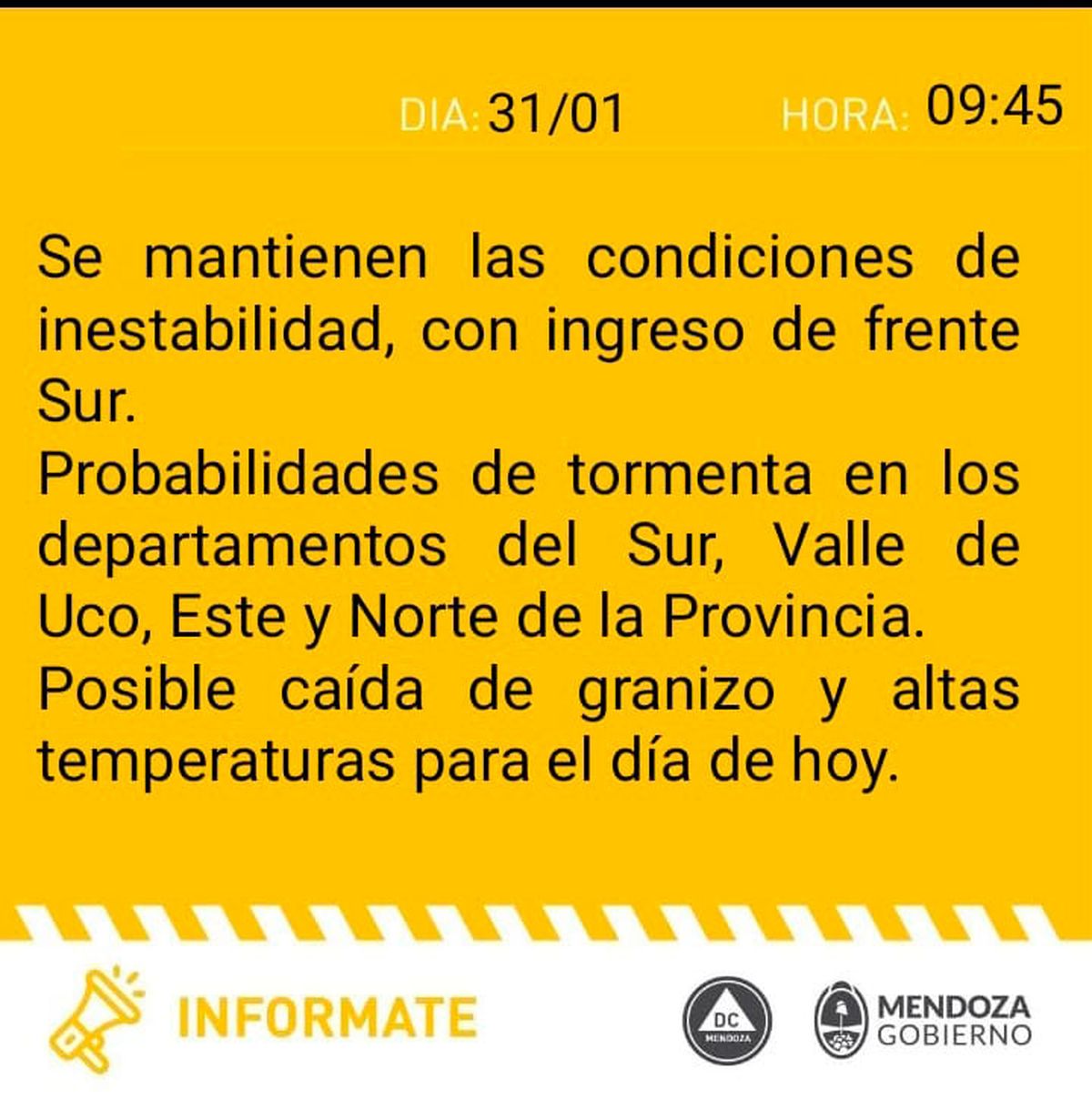 Defensa Civil emitió una alerta amarilla para gran parte de Mendoza.