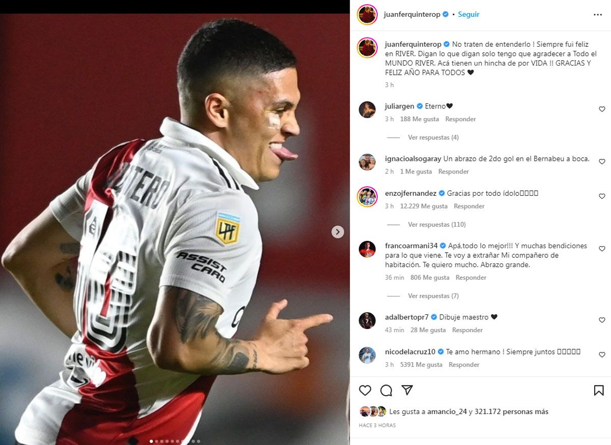El posteo de Juanfer Quintero que conmovió a todos los de River